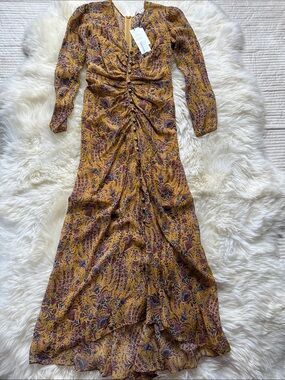 VERONICA BEARD MUSTARD PAISLEY
PRINT SILK 'FERRARA' RUCHED MAXI
DRESS SIZE 2